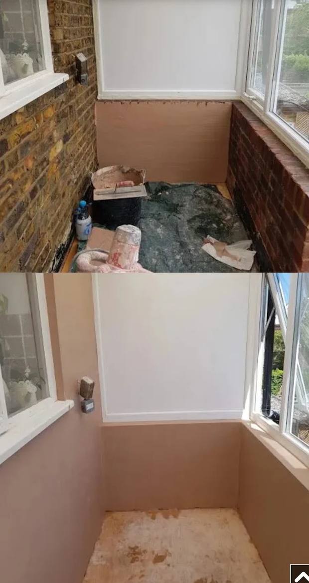A bay window recess mid-works with plaster removed to expose brickwork, and the same recess finished and replastered.
